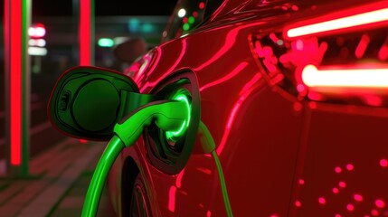 Electric vehicle plugged in, vibrant reflections create futurist