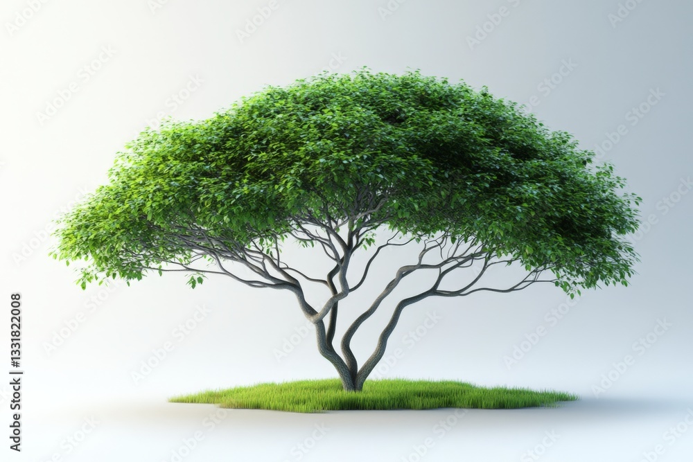 Poster Lush green tree with a broad canopy resting on a grassy patch in a serene outdoor environment
