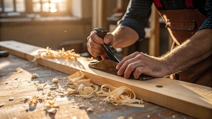 A skilled carpenter uses a hand planer on a wooden board, creating smooth shavings. A detailed image capturing the artistry and precision of traditional woodworking.