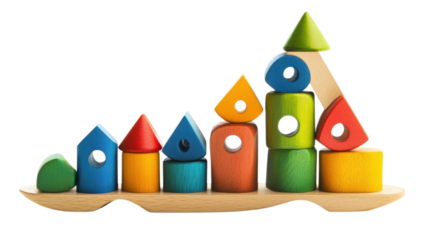 Colorful wooden stacking toys arranged in various shapes and sizes for children's playtime activities