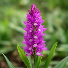 Obraz premium A vibrant purple orchid with striking petals stands tall amidst lush green foliage, showcasing nature's beauty.