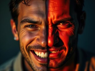 Dos versiones de un hombre en diferentes estados emocionales, uno alegre y otro enojado