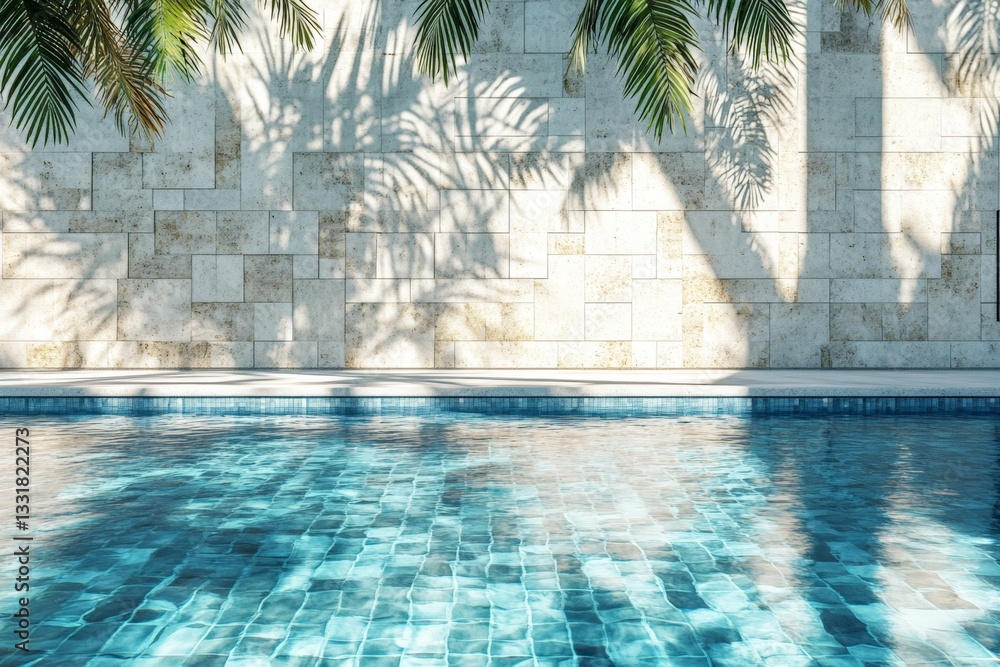 Poster tranquil swimming pool under palm trees with sunlight reflections in a serene outdoor setting