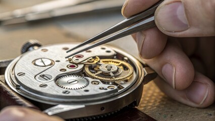 A watchmaker carefully assembles a mechanical timepiece using fine tweezers, highlighting the intricate details of horology and craftsmanship.