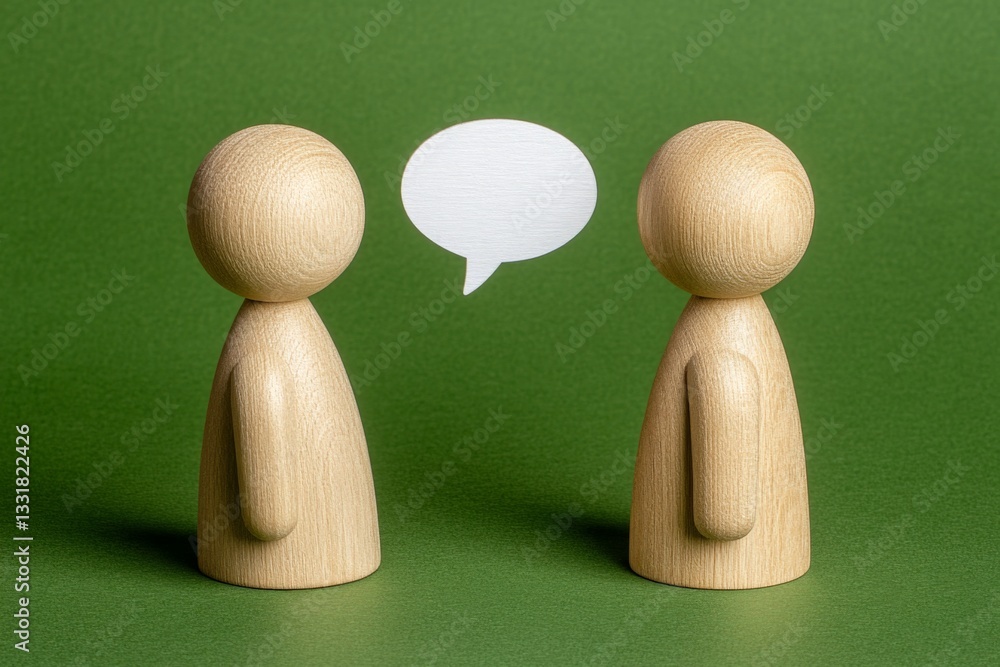 Poster two wooden figures engaged in conversation with a speech bubble on a green background