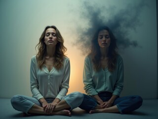 Mujer en un ambiente tranquilo con una sonrisa amable, que irradia calma y meditación, en marcado contraste, su duplicado idéntico se encuentra a su lado, envolviéndola