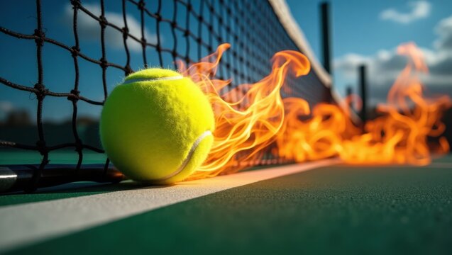 Pelota de tenis, con su superficie borrosa ahora en llamas intensas y danzantes, se precipita sobre la red, dejando tras de s&iacute; un tenue rastro de humo