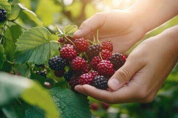 Hands gently hold cluster of ripe blackberries, glistening in su