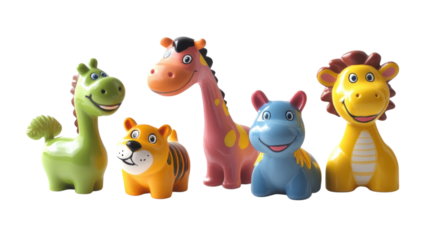 Colorful playful animal toys arranged together showcasing vibrant designs for children's enjoyment