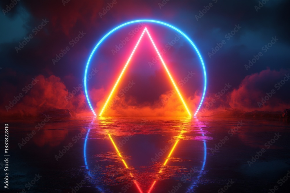 Poster colorful neon light forms illuminated in a misty landscape during dusk with vibrant reflections on w