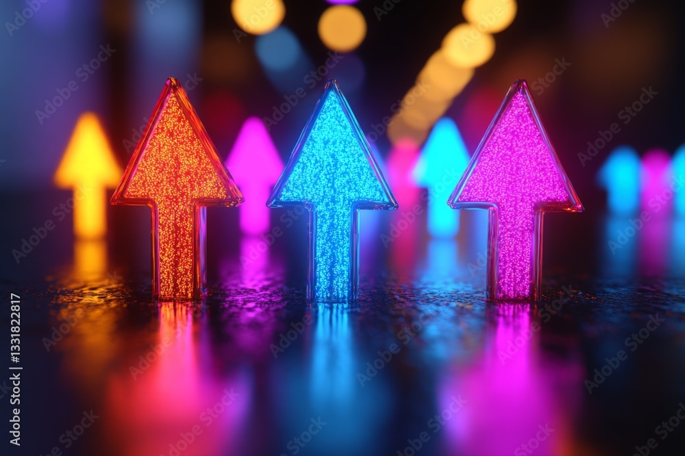 Poster Colorful lighted arrows guide the way in a darkened setting with a vibrant display of colors