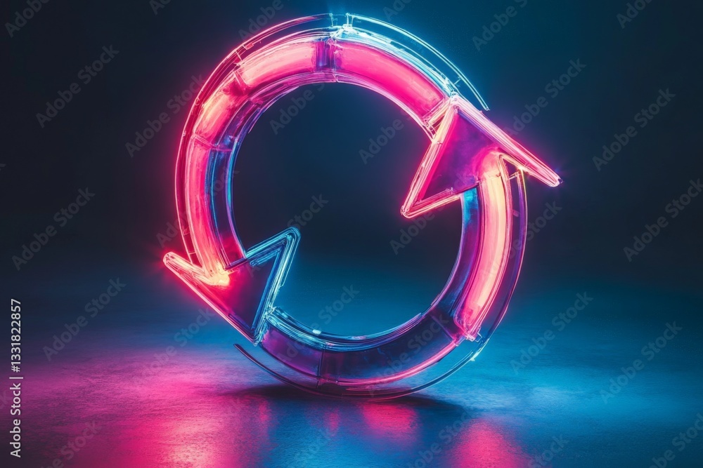 Poster neon circular arrows symbolizing recycling or renewal with a vibrant glow in a dark setting