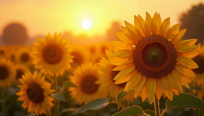 Obraz premium Sunflower blooming under sunset sky, Morning dew on flowers, Blooming fields
