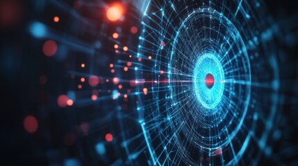 Obraz premium Abstract Digital Network, Futuristic Technology, Data Flow Visualization, Circular Network, Blue and Red Hues, Connecting Nodes, Digital Art, High-Tech Background