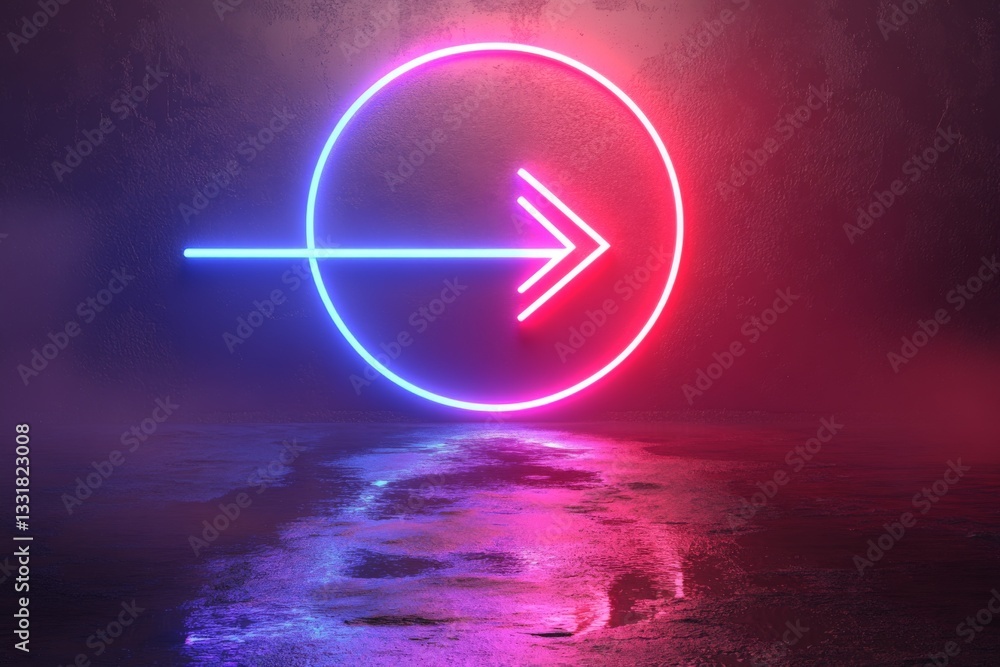 Poster neon arrow and circle design illuminating wet surface in a darkened room at night