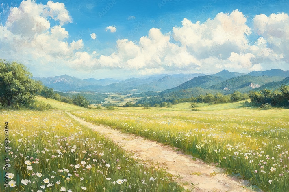 Poster expansive meadow with winding path and distant mountains under a vibrant sky