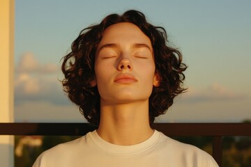 Calm expression under soft sunlight, capturing tranquility and i
