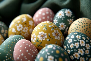 Fototapeta premium Vibrant hand-painted Easter eggs arranged on soft fabric showcase intricate floral designs in a festive display