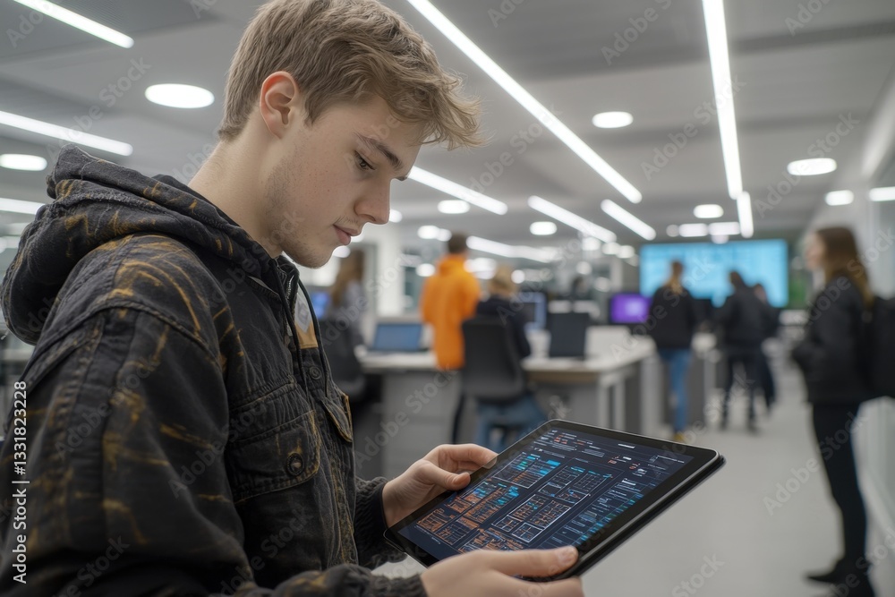 Poster young man in bustling tech center intently views complex data on tablet, reflecting innovation and a
