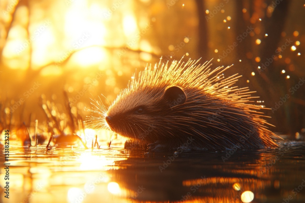 Poster hedgehog explores a serene wetland during golden hour with sunlight filtering through trees
