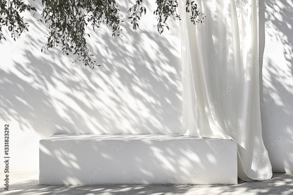Poster white stone bench with flowing fabric and shadow patterns under overhanging tree branches in a seren