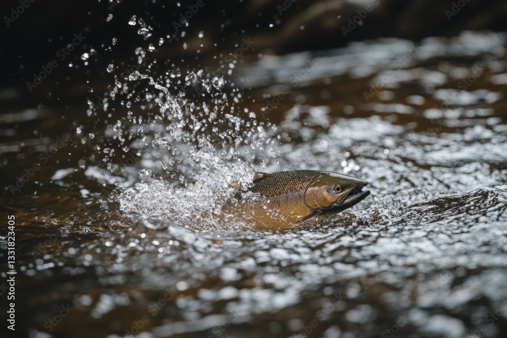 Poster splashing trout leaps from the river surface in a natural setting during the early morning light