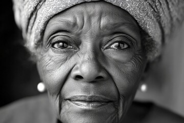 Elderly woman with deep gaze and wrinkles, showcasing wisdom and resilience in a close-up portrait