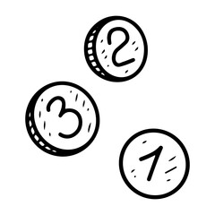 Money coins. Hand drawn doodle. Payment instruments. Equivalent to 1, 2, 3 units. Banking services. Round, made of metal. Vector line art illustration.