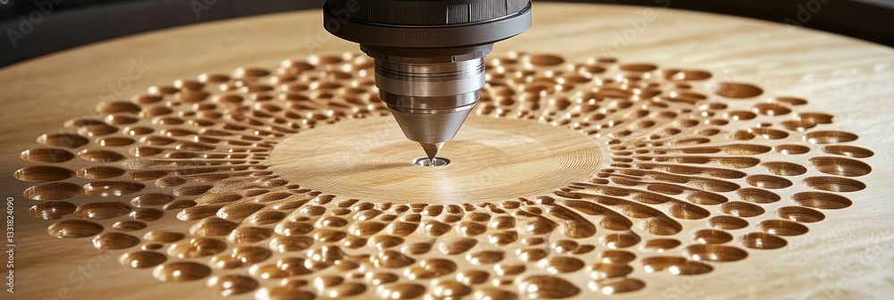 Poster cnc router carving intricate pattern in wood panel, highlighting precision and craftsmanship