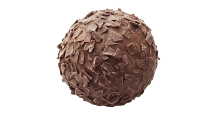 Delicious chocolate truffle coated with chocolate flakes on a white background