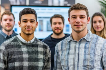 Obraz premium A diverse group of young professionals stands confidently in front of a screen, reflecting their collaborative team spirit and innovative work environment in a modern office.