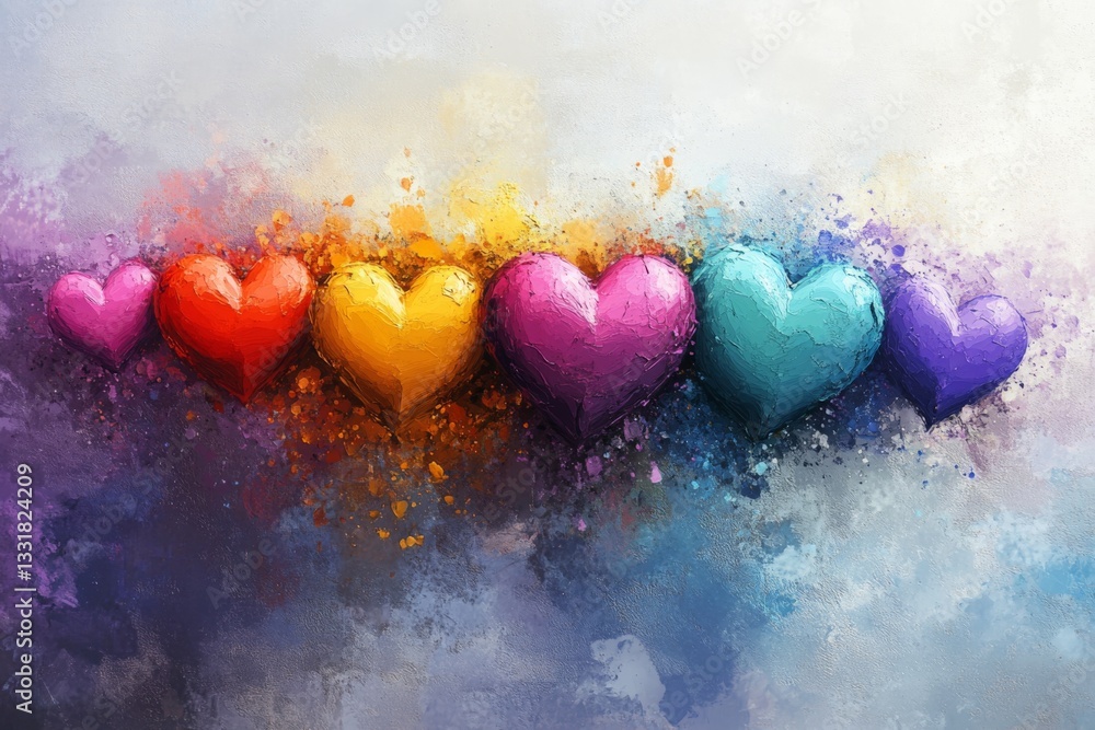Poster colorful hearts in vibrant hues create a joyful composition of love and emotion on a textured backgr