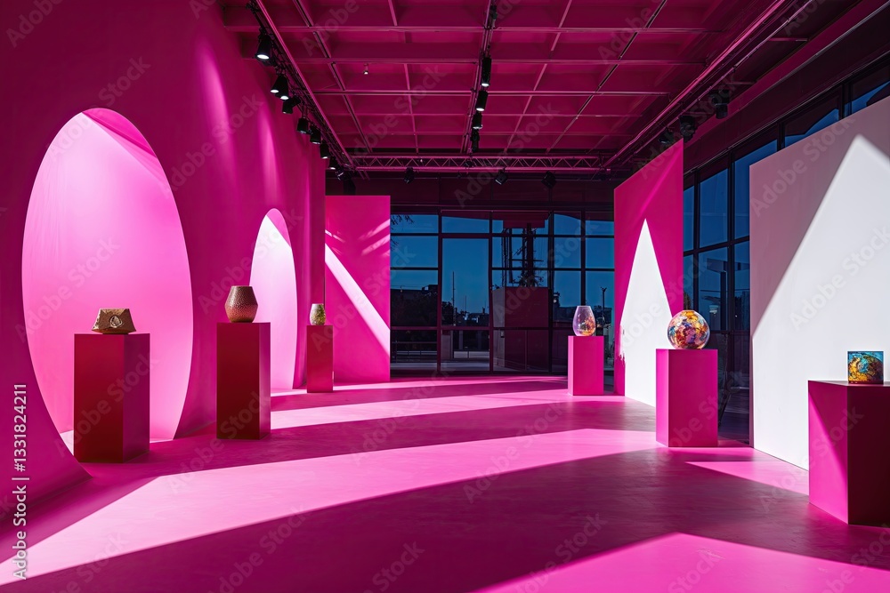 Poster dynamic shadows and luminous light in vibrant fuchsia background for artistic products