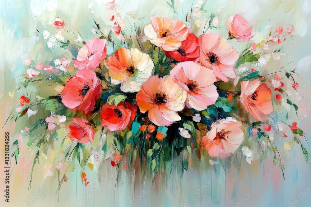Poster colorful arrangement of poppy flowers in a vibrant abstract style displayed in a bright setting