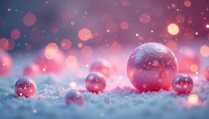 Soft pink balls amidst swirling snowflakes and Christmas lights, pink bokeh balls, soft pink hue