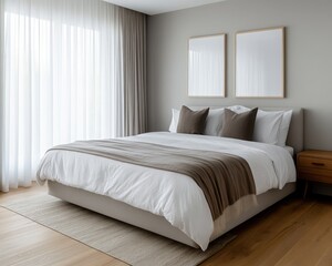 A modern, minimalistic bedroom featuring a large bed with neutral bedding, wooden flooring, and natural light streaming through sheer curtains.