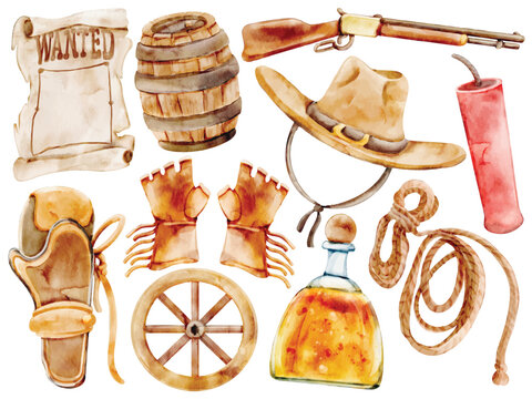 Watercolor Wild West Cowboy Illustration Set, Hand Painted, Realistic, Western Theme, Cowboy Hat, Revolver, Rifle, Lasso, Boots, Wanted Poster, Whiskey Bottle, Barrel, Dynamite, Wagon Wheel, Gloves