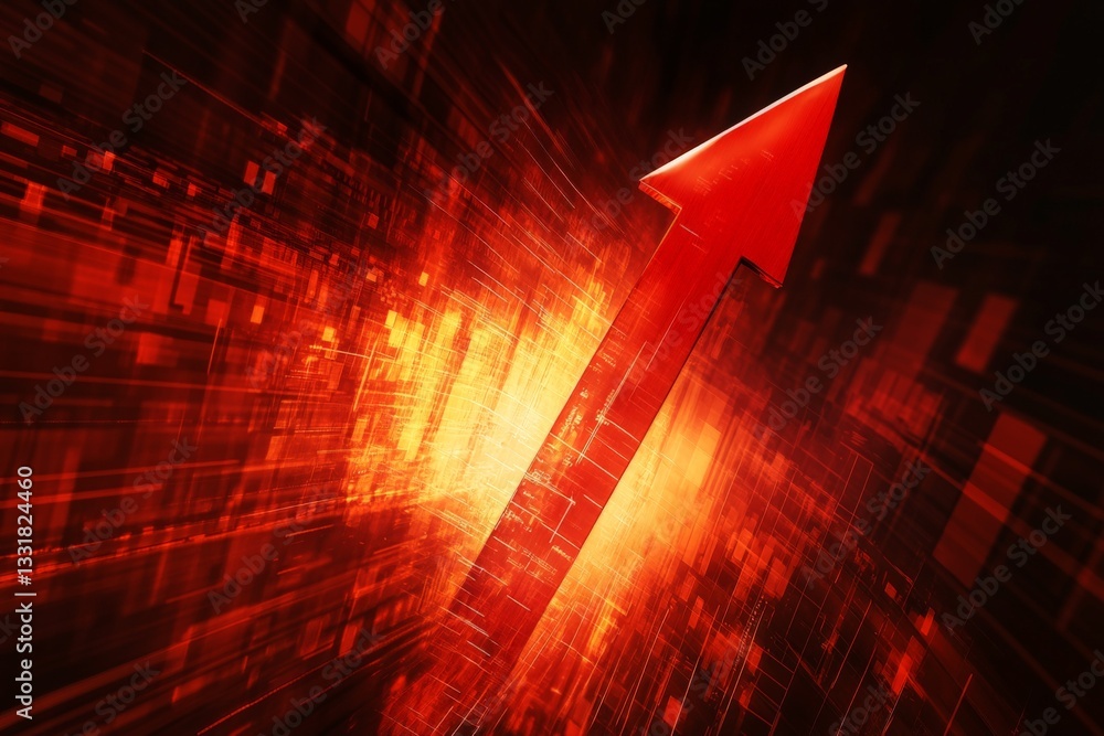 Aufkleber Dynamic red arrow pointing upwards symbolizes growth and progress in technology and business development in a digital landscape