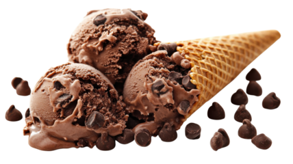 Chocolate ice cream scoops in a cone with chocolate chips scattered around