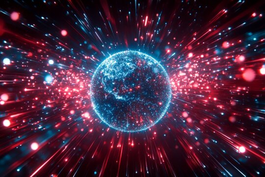 Vibrant cosmic explosion illustrating the Earth surrounded by colorful light rays and particles