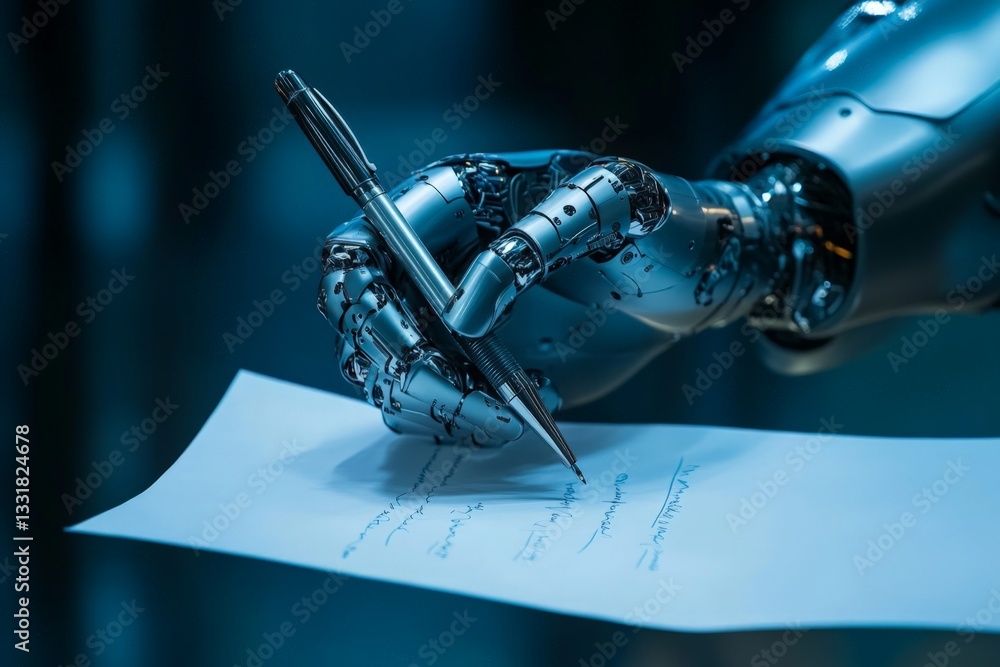 Leinwandbilder robotic hand holds pen while writing notes in a futuristic workspace setting