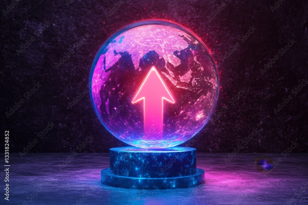Poster Glowing globe with upward arrow symbolizes innovation and progress in technology and data