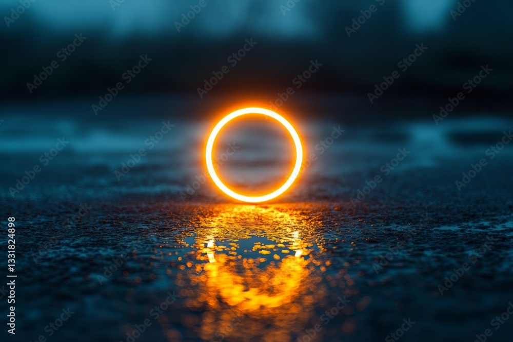 Poster illuminated circular reflection on wet ground at night creates a mesmerizing display of light and co