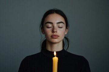 Portrait of serene woman meditating, illuminated by warm candlel