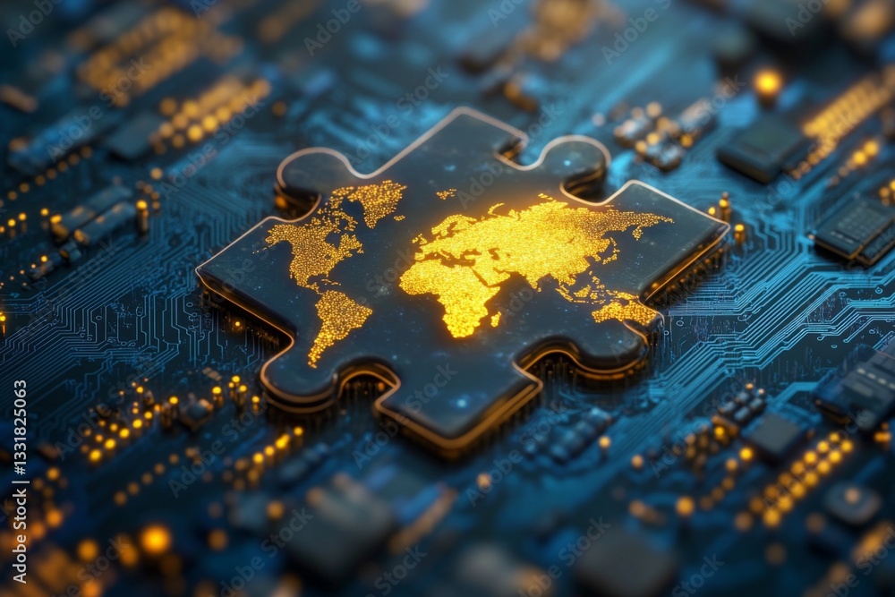 Aufkleber puzzle piece with world map design glowing on a circuit board, reflecting technology and connectivit