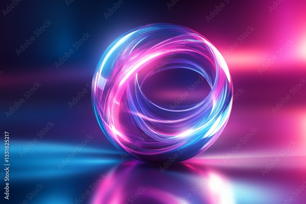 Poster Colorful swirling light orb glows brightly in a dark setting with dynamic reflections during a creative visual display