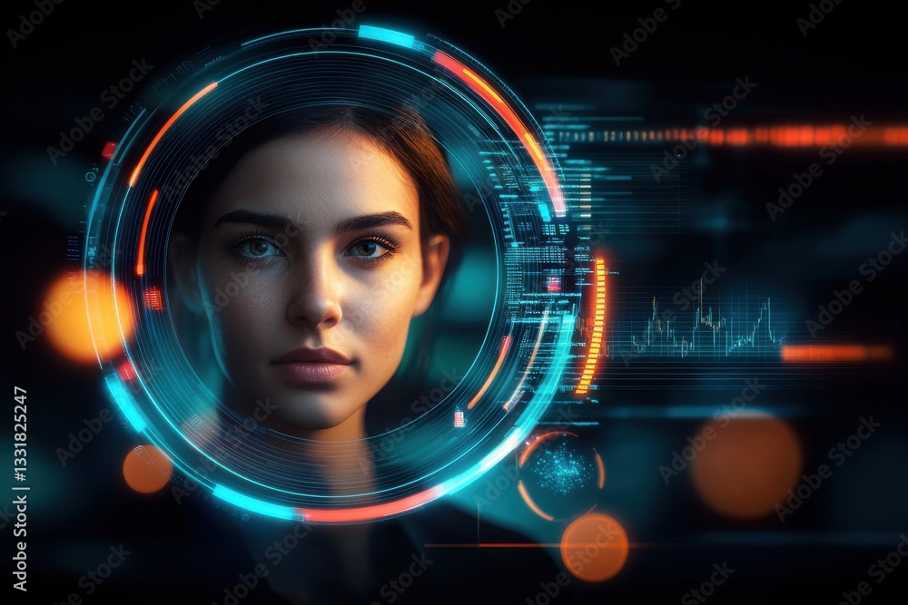 Poster a beautiful woman surrounded by futuristic technology, digital interfaces, and abstract data visuali