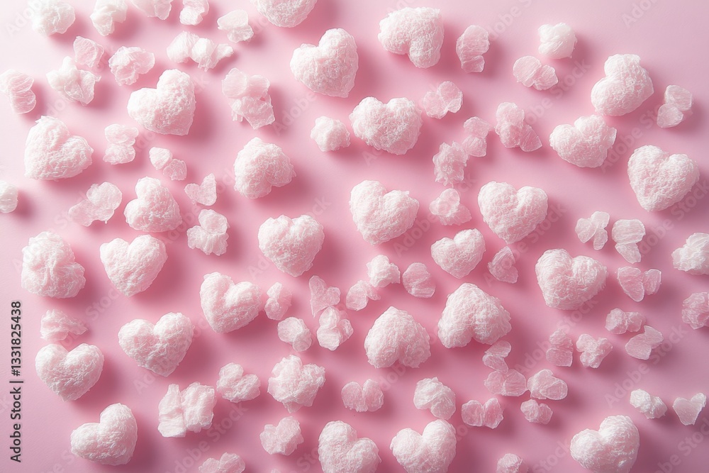 Poster heart-shaped decorations scattered on a soft pink background create a whimsical and playful atmosphe