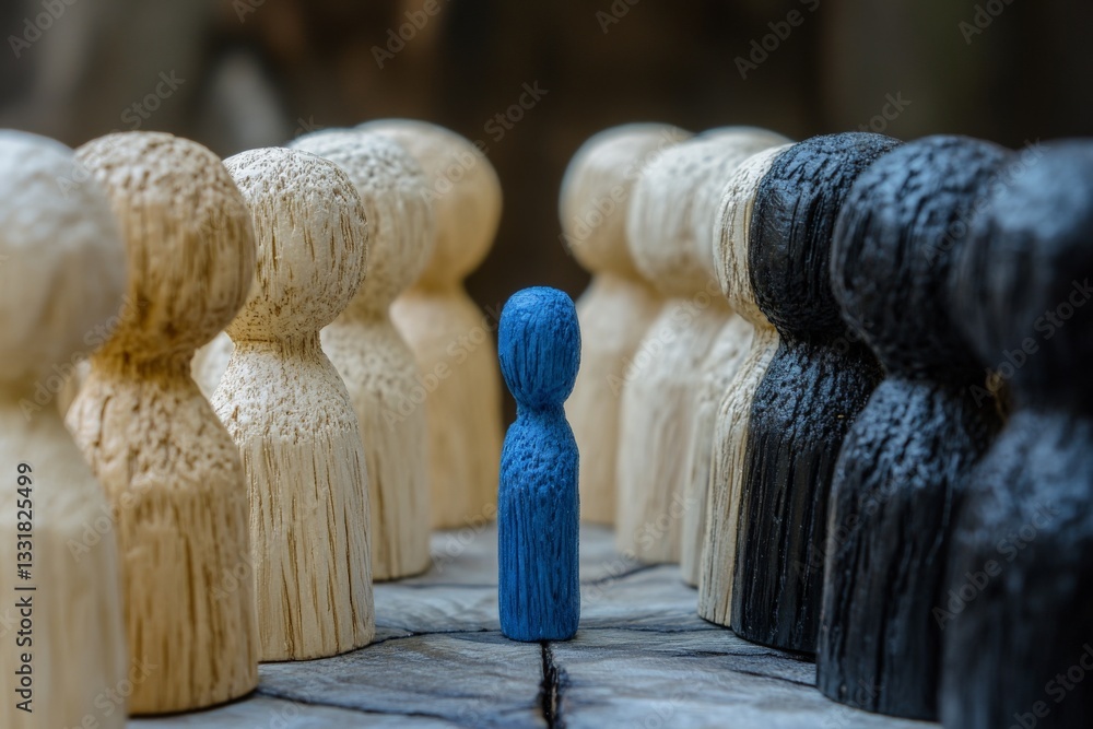 Poster Wooden figurines face off in contrasting colors representing unity and division in an artistic setup