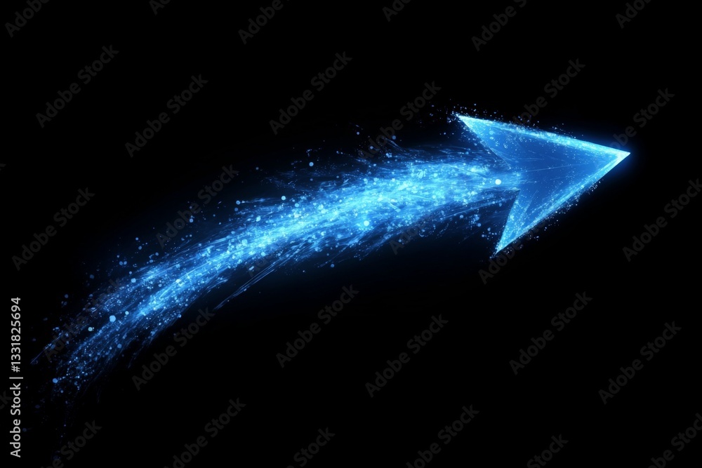 Poster dynamic blue arrow emitting particles in a black background illustrating movement and direction